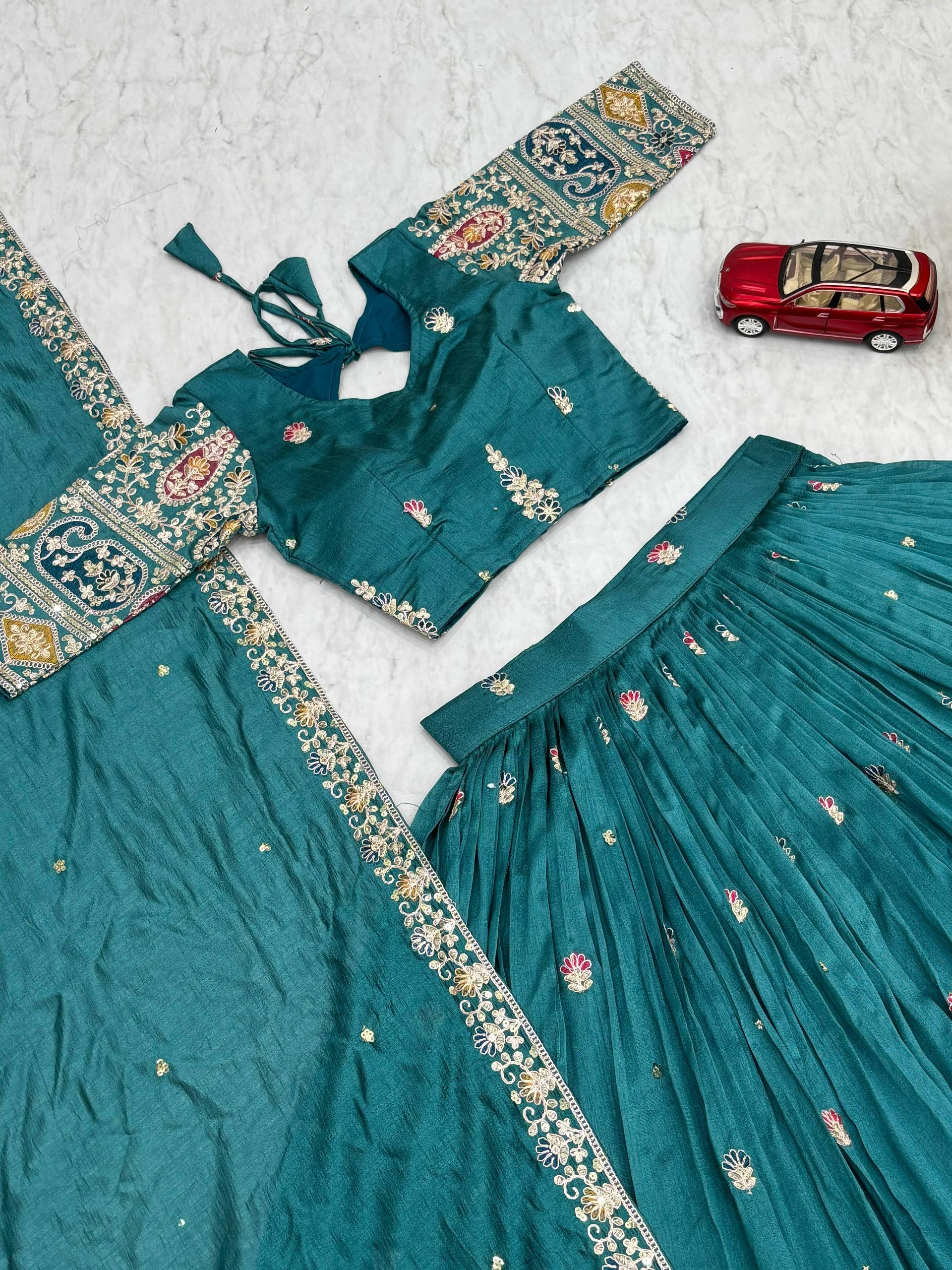 Raji Teal Green Vichitra Silk Embroidery Sequins Thread Work Lehenga Choli with Dupatta