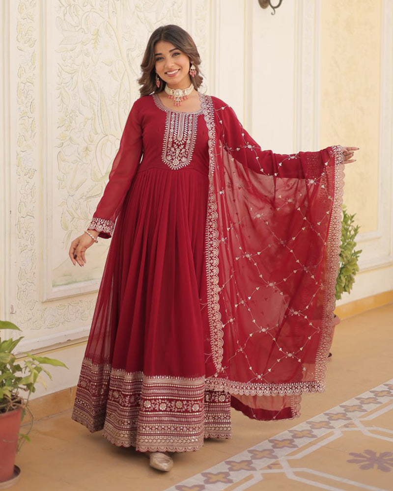 Vasundhara faux blooming red anarkali gown suit set