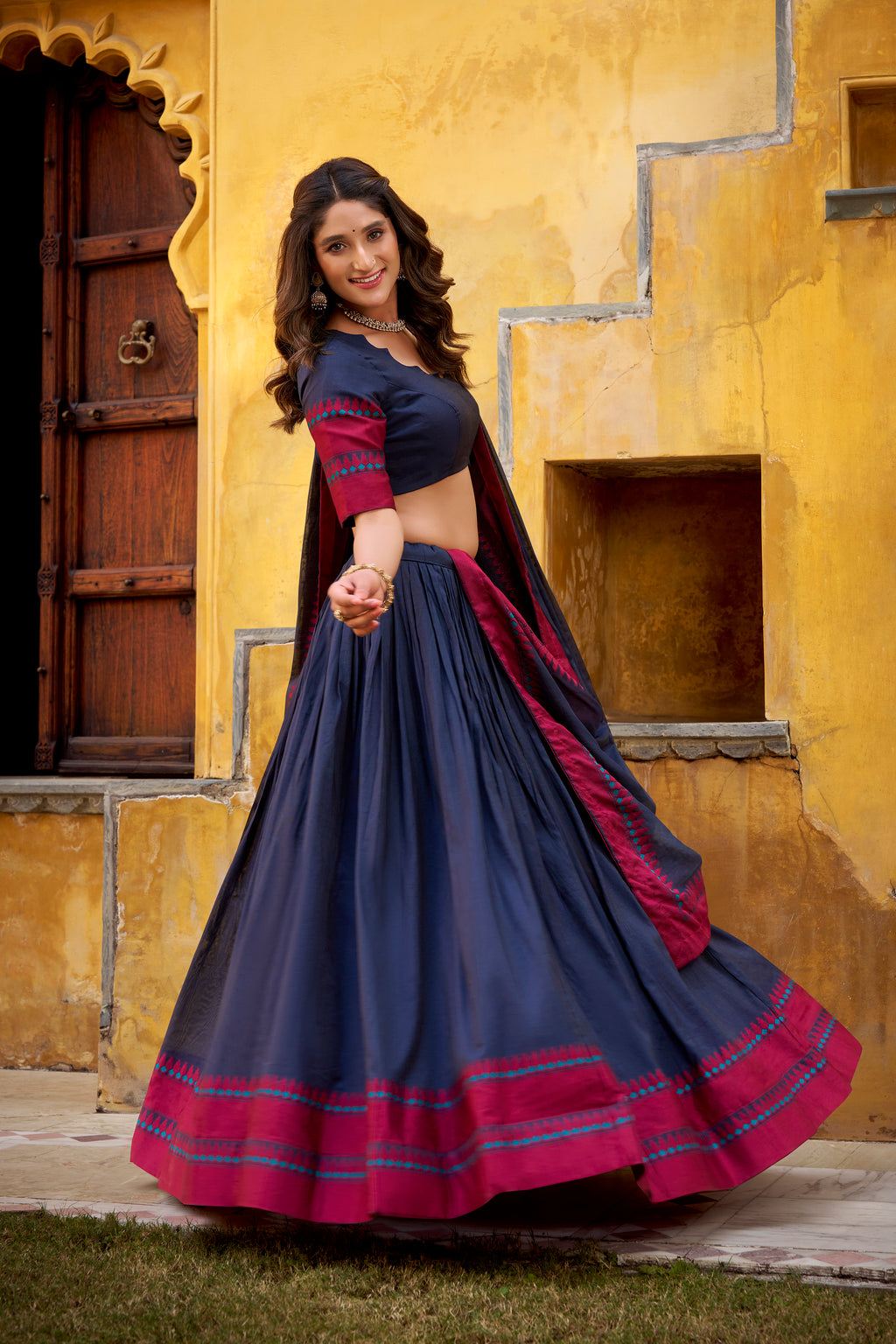 Swastika navy blue pure Chanderi thread work half saree lehenga