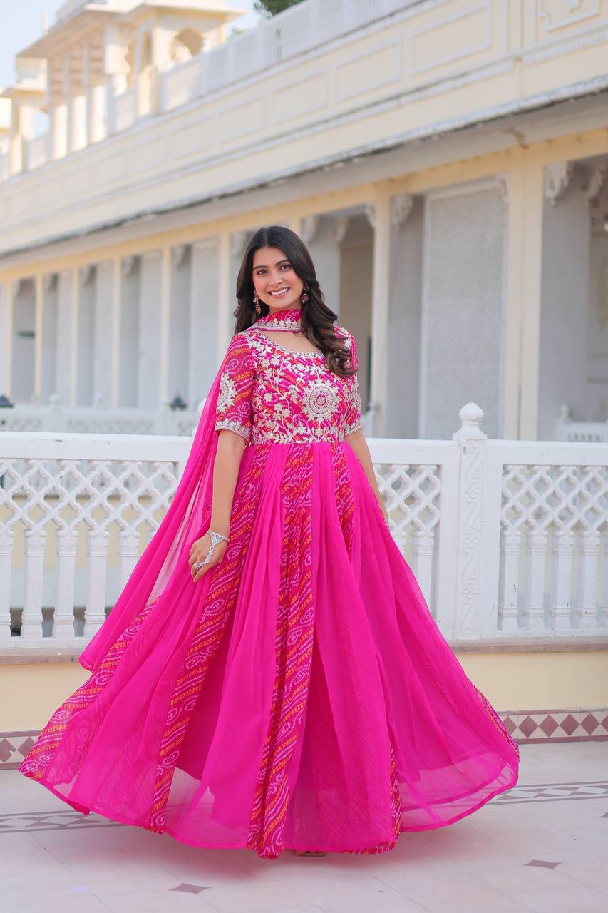 Saanvi Pure Bandhej Georgette Embroidered Gown Set