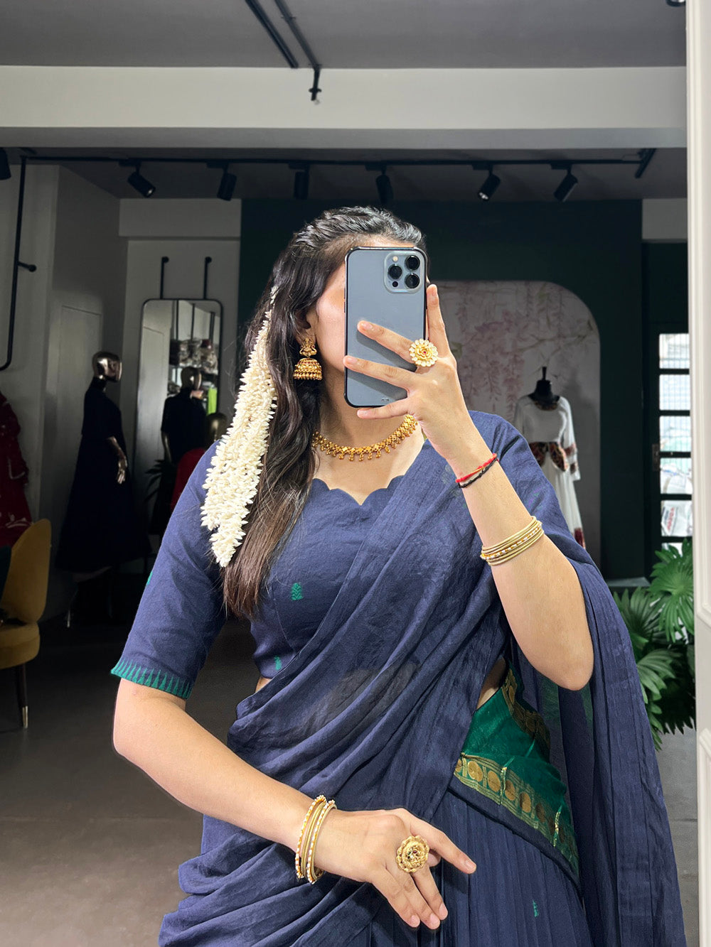 Navy Blue Chanderi Zari Weaving Work Half-Saree Lehenga