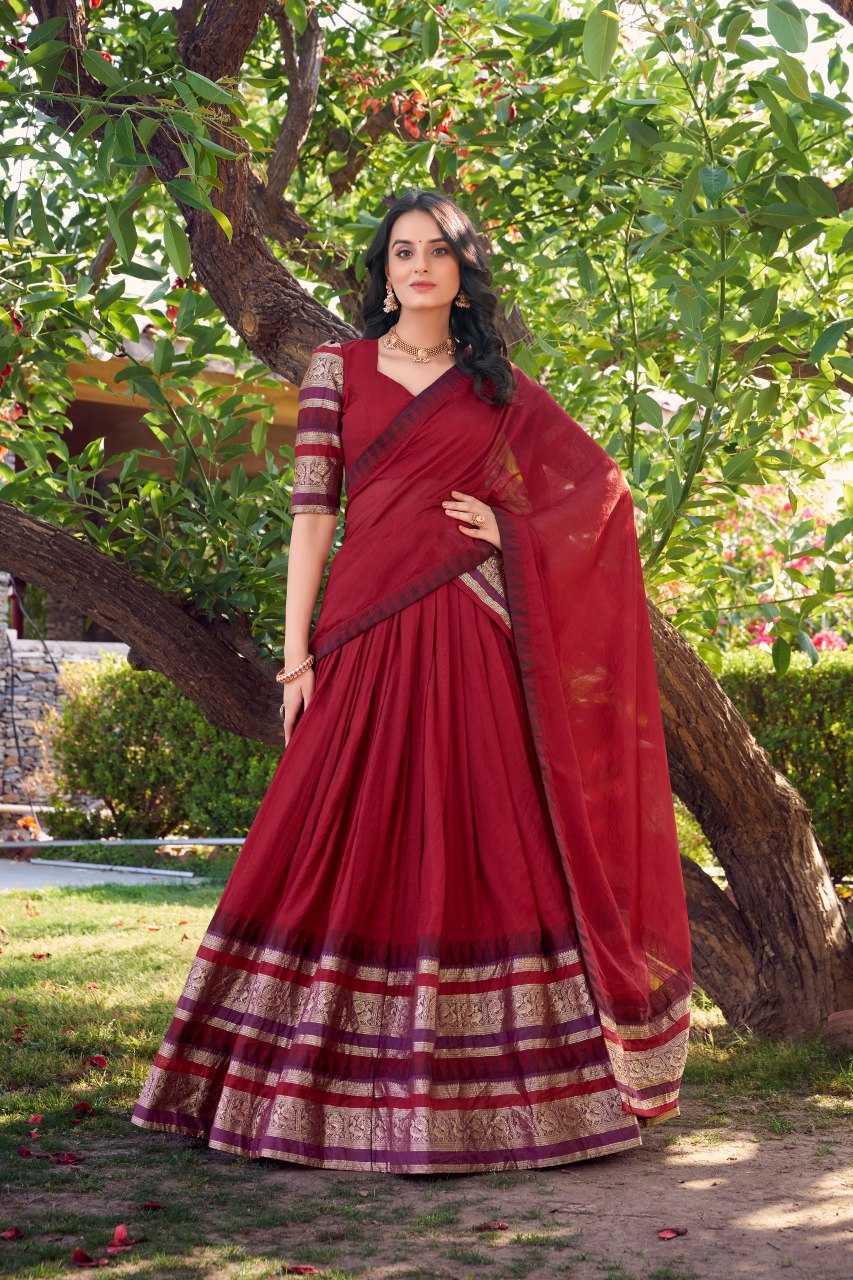 Maroon Pure Chanderi Lehenga Choli with Zari Weaving Work & Dupatta