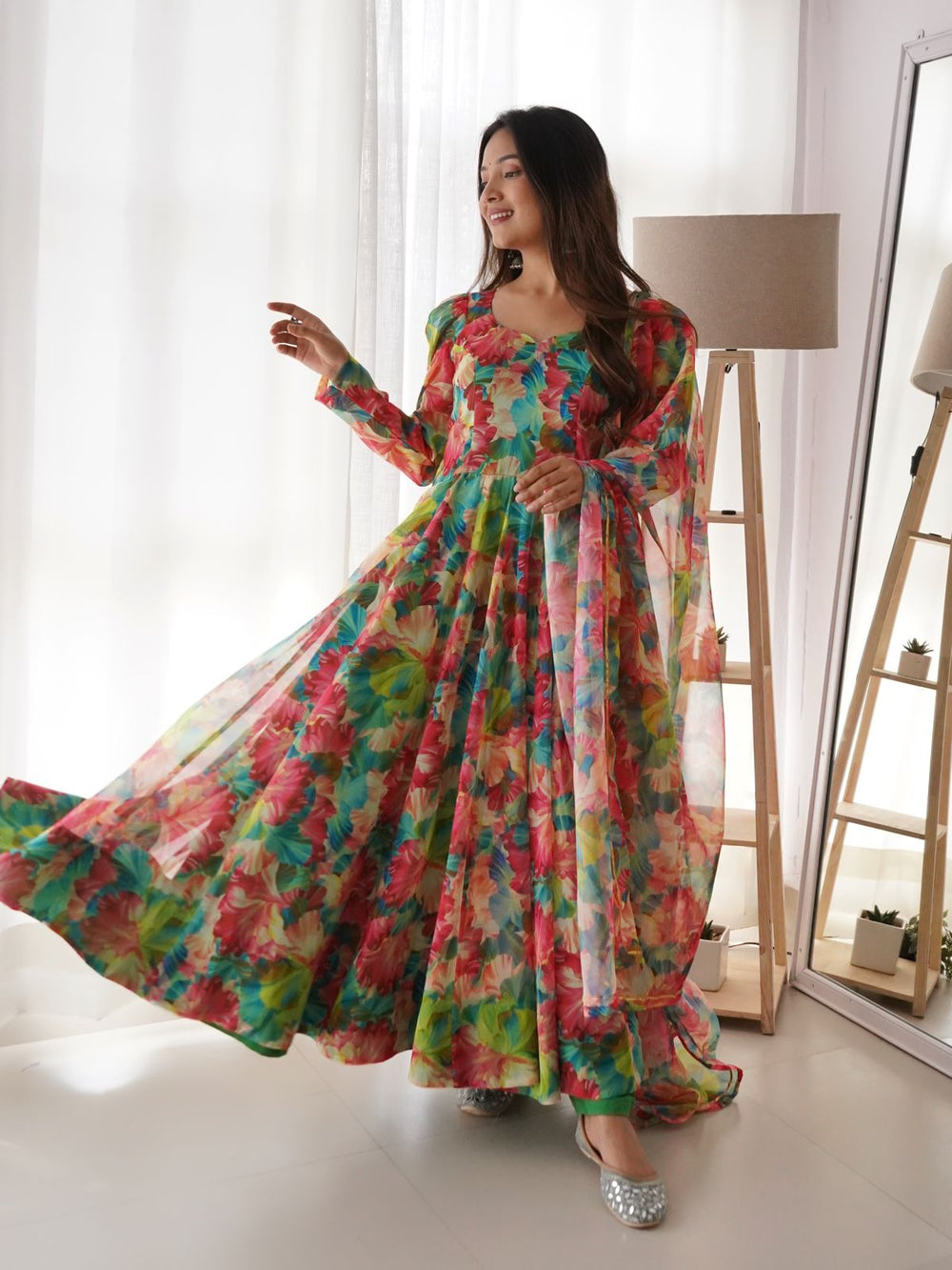 Surbhi tabby silk anarkali trio in organza suit set