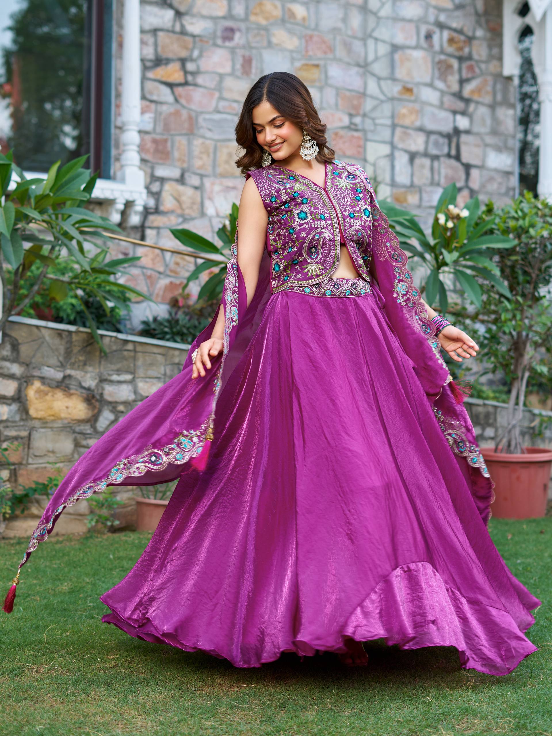 Orange festive wear Fendy silk lehenga choli with embroidery