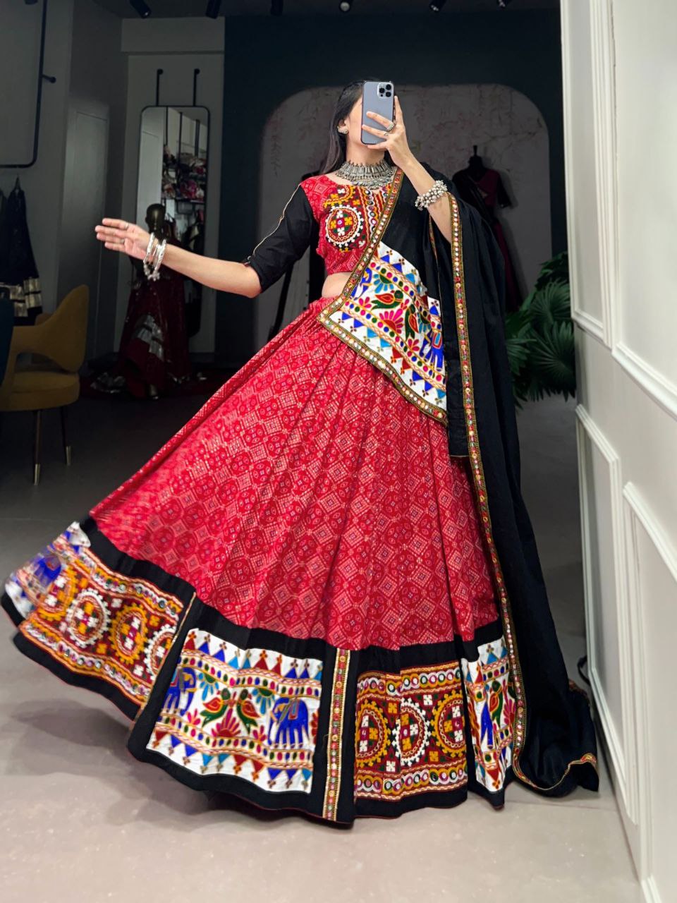 Black Pure Rayon Gamthi Mirror Work Navratri Lehenga Choli
