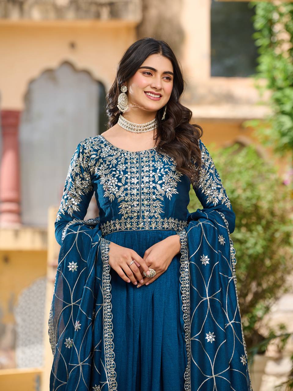 Piya Teal Blue Color Vichitra Silk Sequins Embroidered Gown with Dupatta