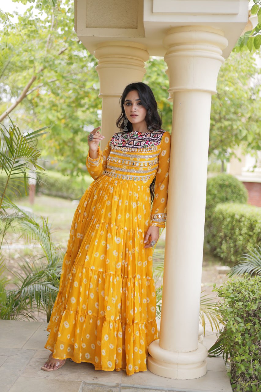 Lavanya Yellow Faux Georgette Bandhani Kutchi Patchwork Gown