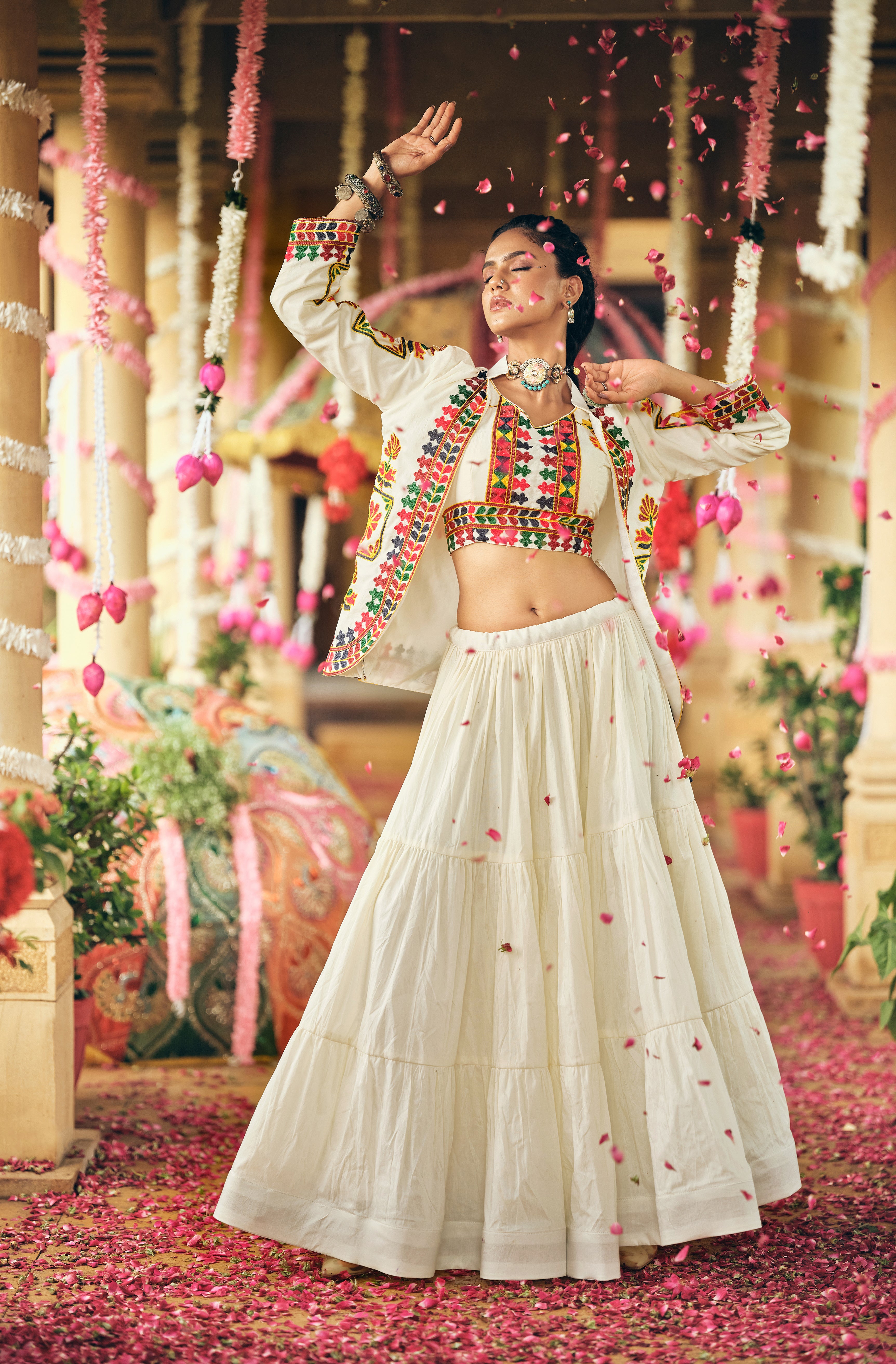 Off-White Pure Cotton Embroidery Work Lehenga Choli with Koti