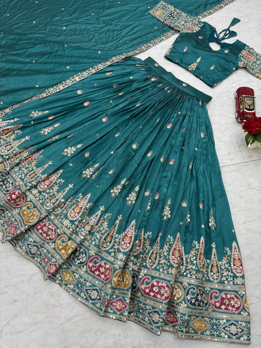 Raji Teal Green Vichitra Silk Embroidery Sequins Thread Work Lehenga Choli with Dupatta