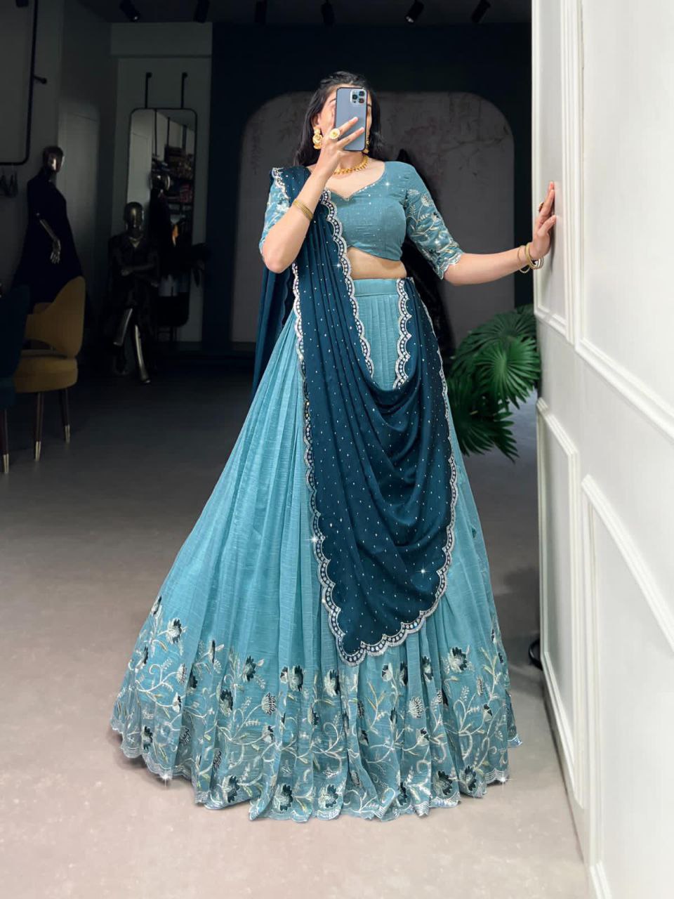 Sky Blue Silver Glossy Embroidered with Hotfix Work Lehenga Choli