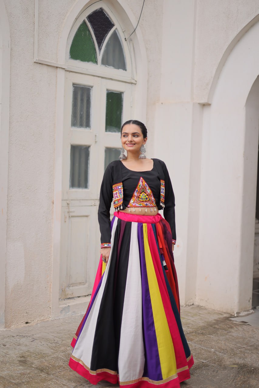 Multicolor Pure Rayon Navratri Lehenga Choli with Koti Style Blouse
