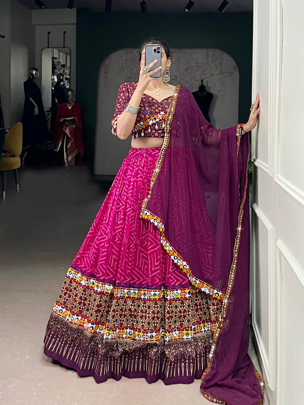 Pink Tasar silk foil print embossed lace work lehenga choli with dupatta
