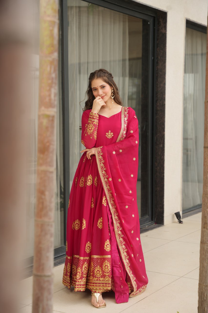 Rudrika Pink Embroidered Gown in soft Star Georgette with intricate zari and sequin work, full-length 56-inch flare gown with matching embroidered dupatta, elegant pan neck design, perfect for weddings and festive occasions
