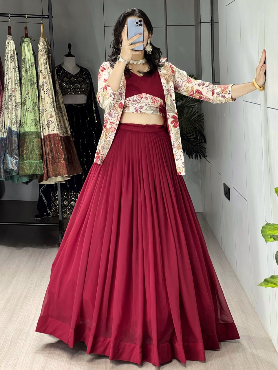 Alka Maroon Color Georgette Foil Printed Lehenga Choli with Koti