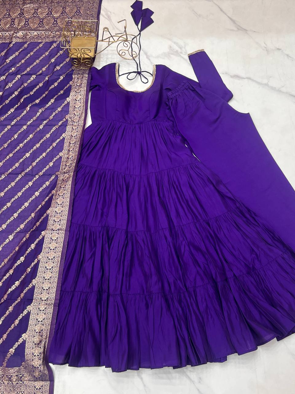Ashika Roman Silk Flared Purple Anarkali Suit