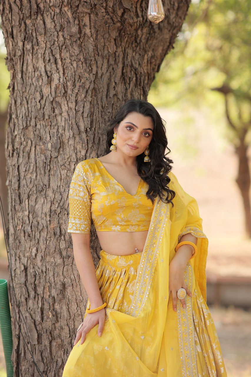 Pranshi yellow viscose jacquard lehenga choli set