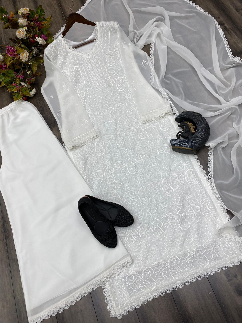 Ramani Peach Georgette Chikankari Embroidery Kurti Set