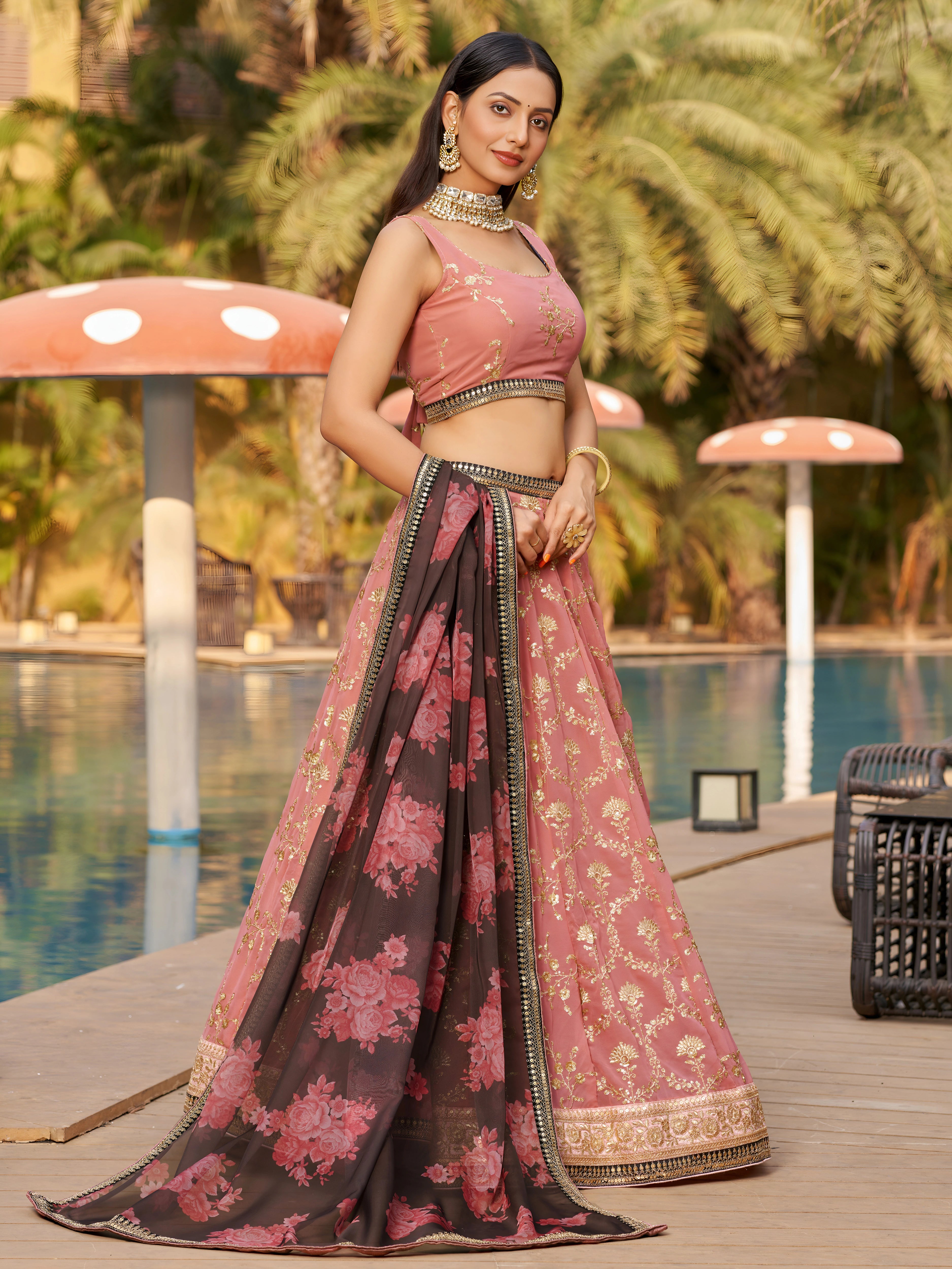 Navya Dusty Pink Color Embroidered Lehenga Choli with Floral Dupatta