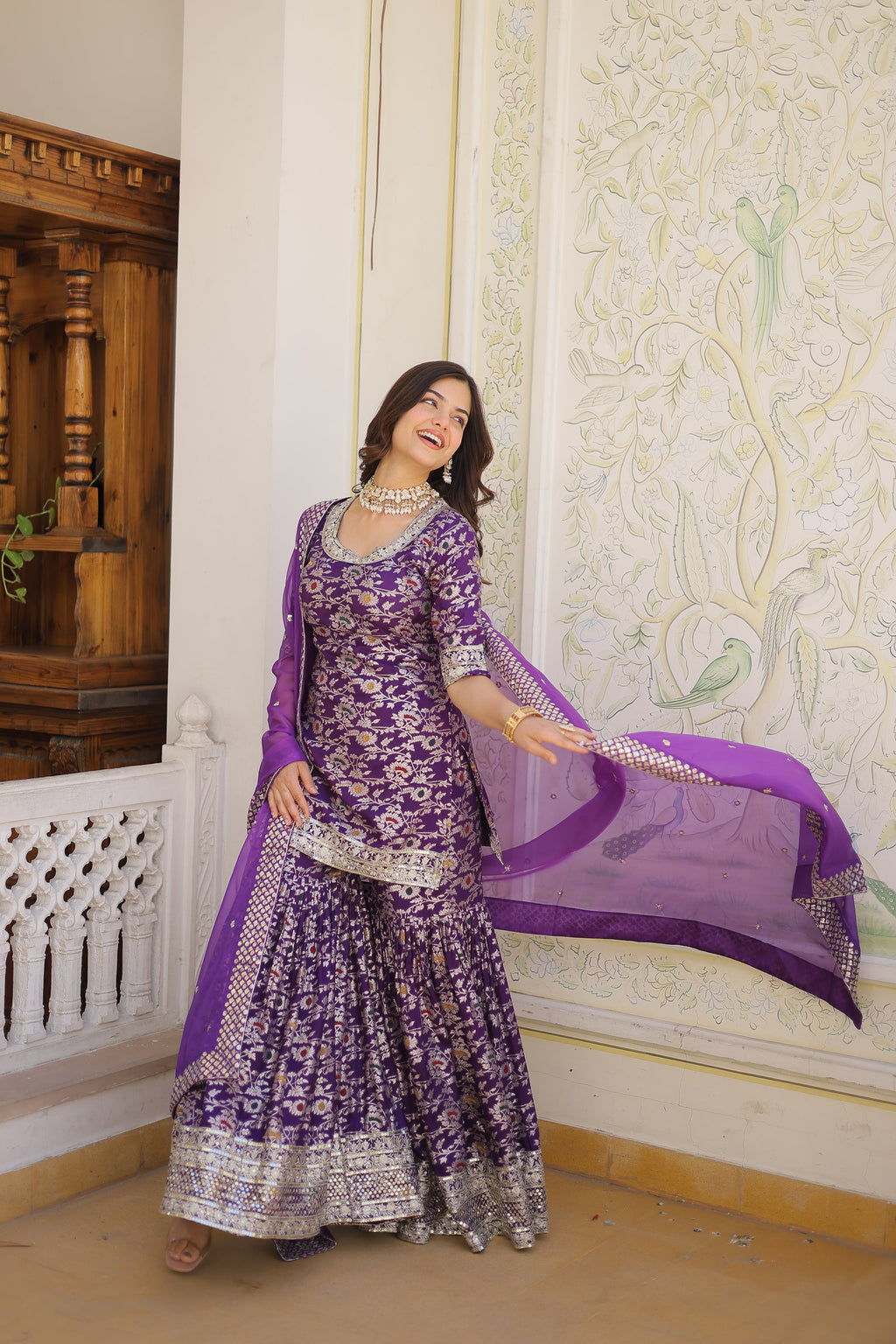 Krishnapriya Wine Viscose Embroidered Kurti Gharara Set