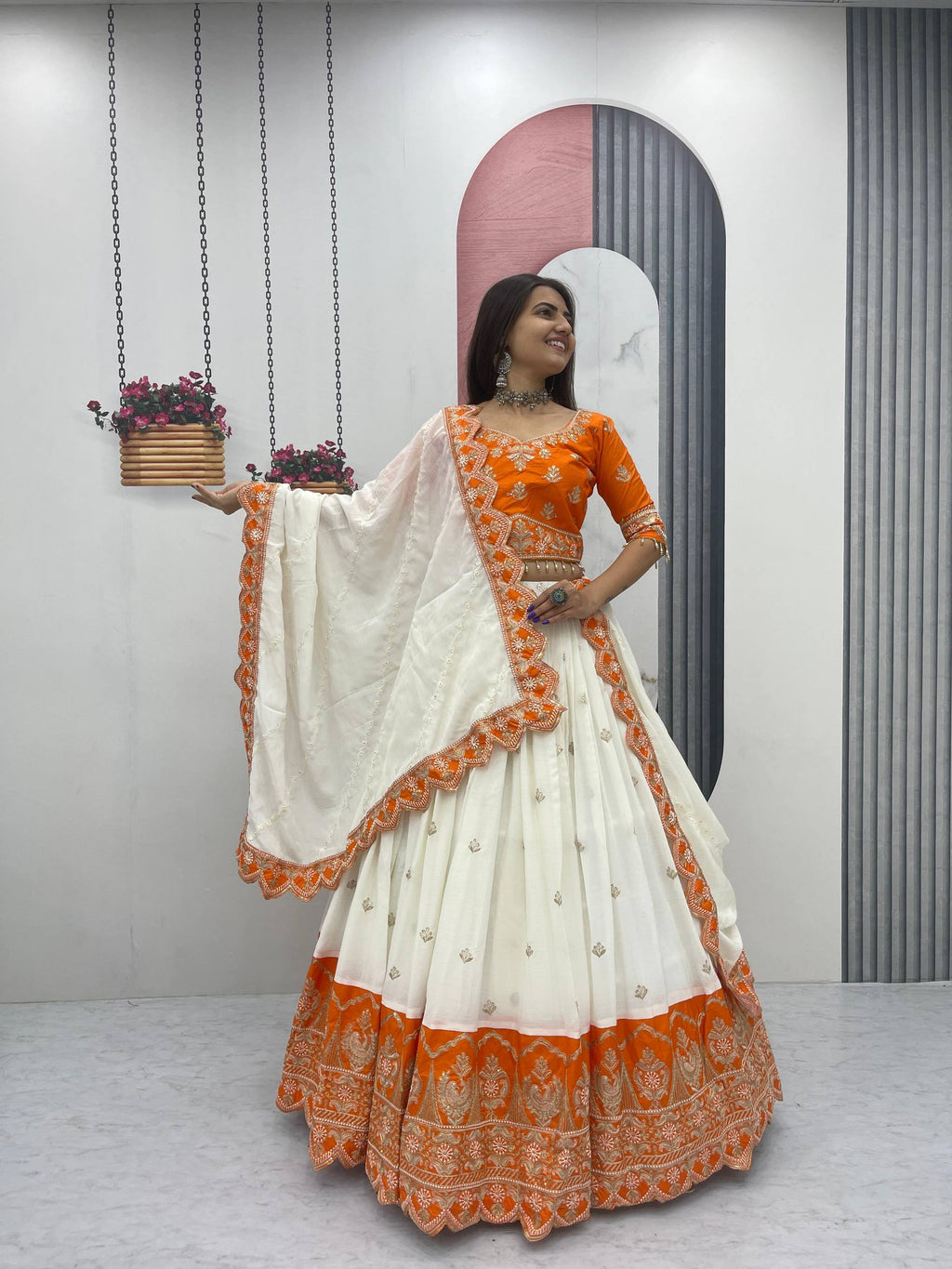 Orange chinon heavy embroidery lehenga choli with dupatta