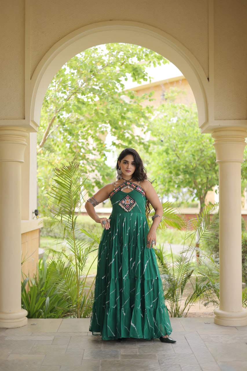 Bhavna Green Faux Georgette Laheriya Kutchi Patchework Gown