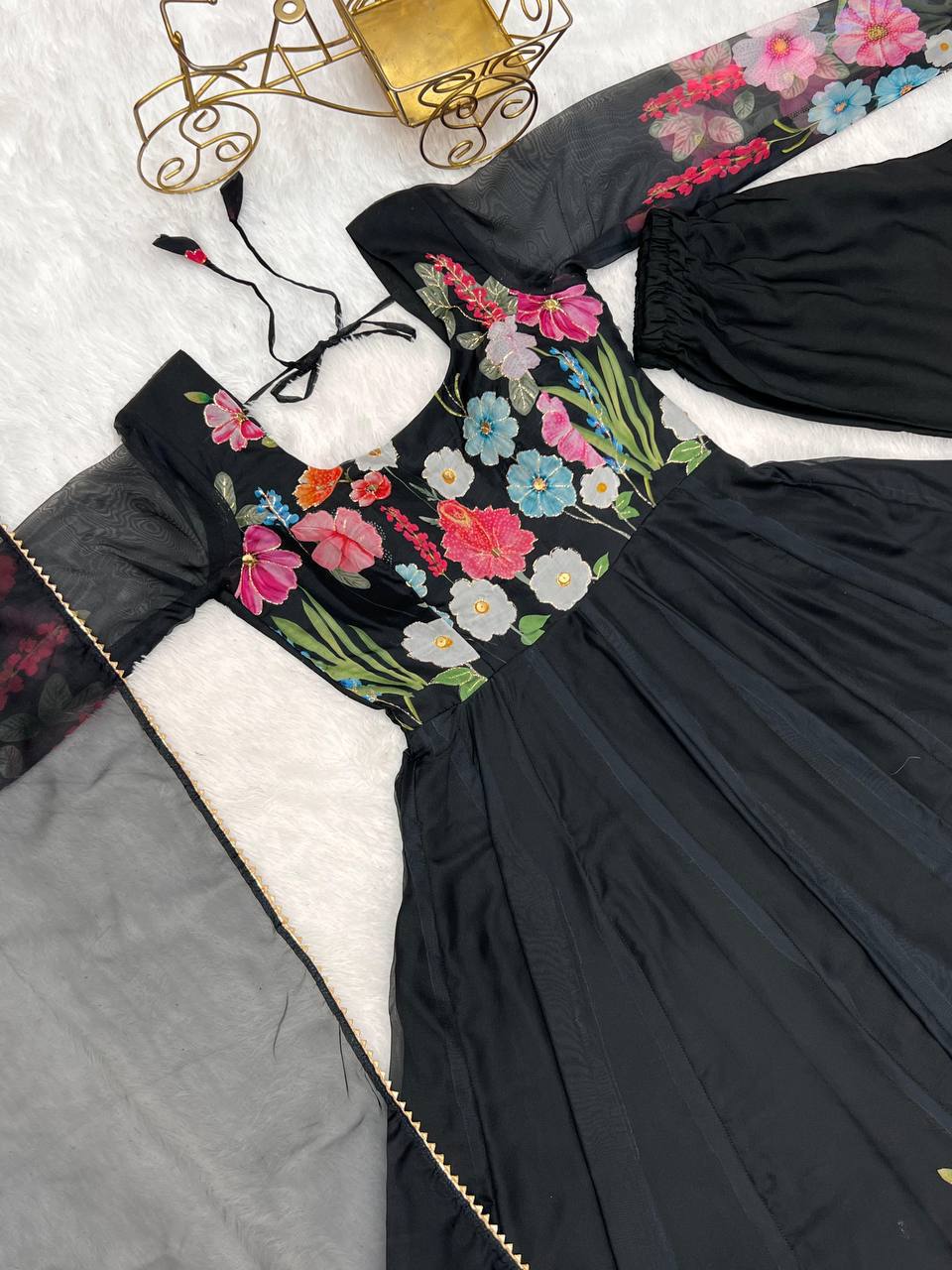 Darshika black organza floral printed anarkali suit set