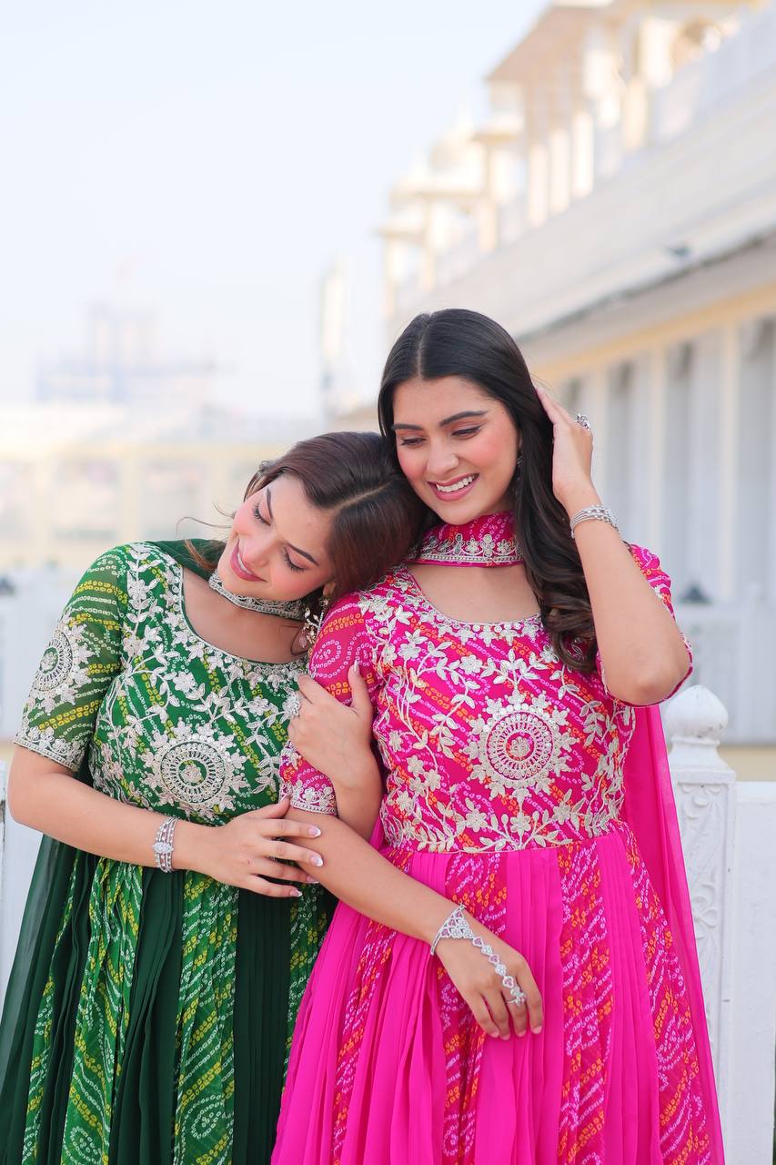 Saanvi Pure Bandhej Georgette Embroidered Gown Set