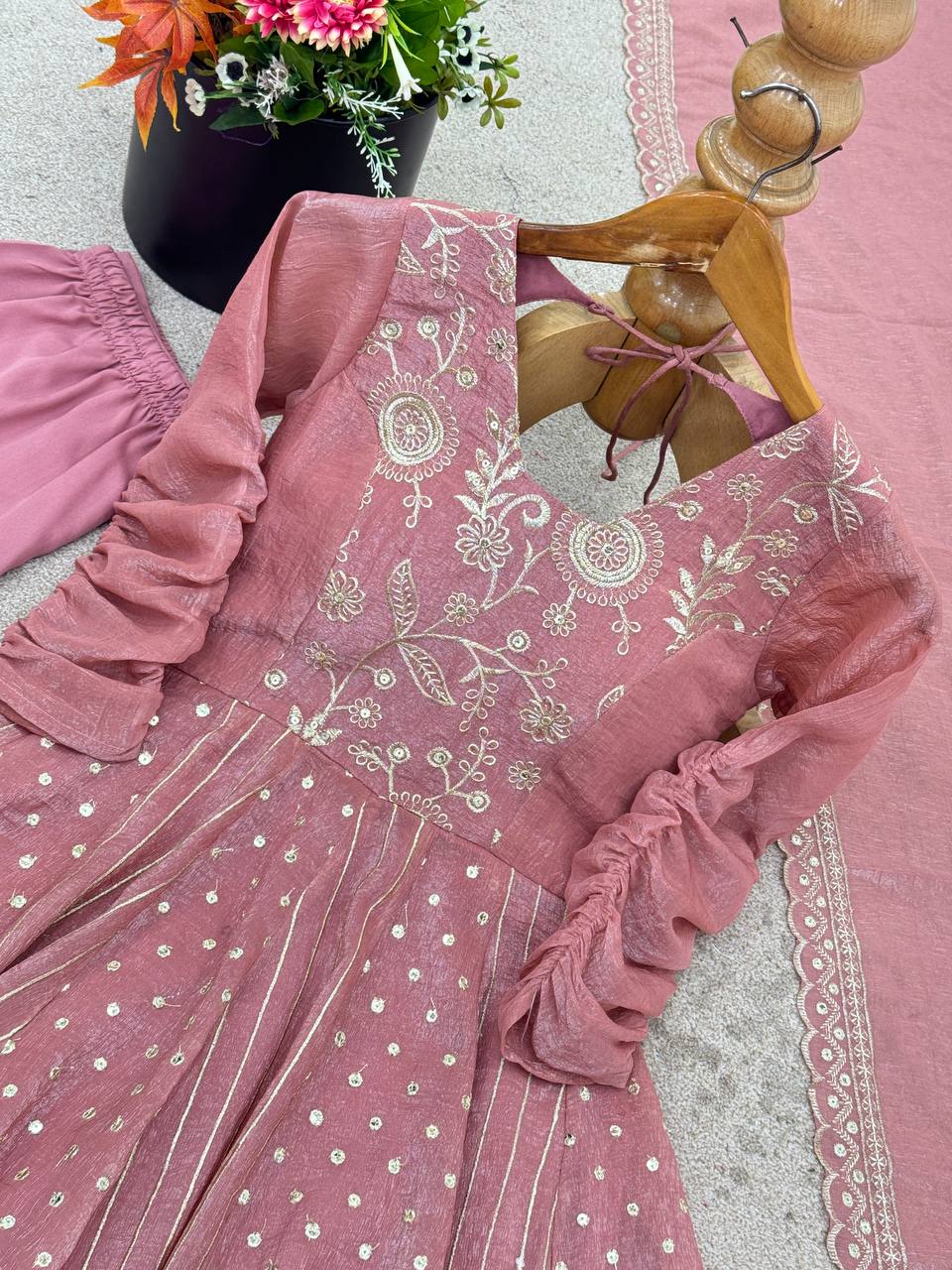 Peach Color Crunchy Silk Embroidered Anarkali Suit Set