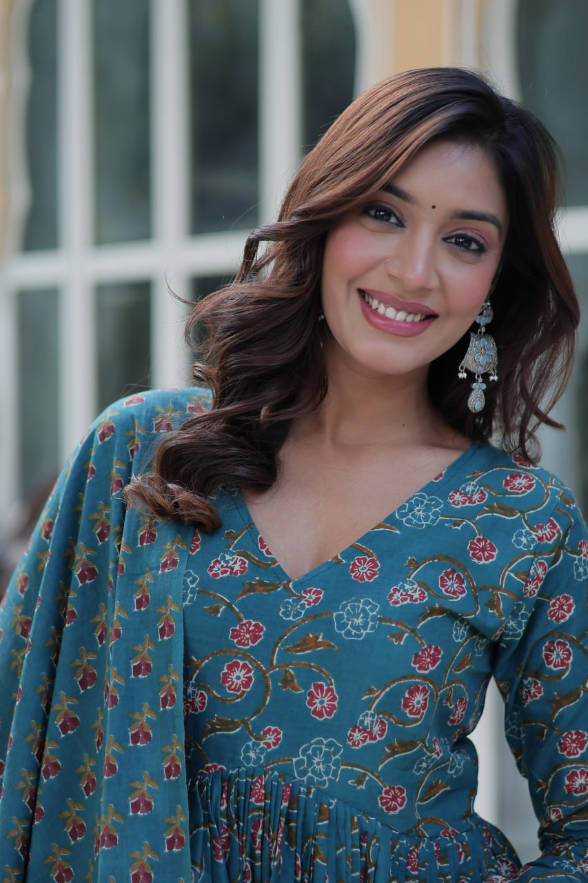 Himalini Blue Pure Cotton Anarkali Suit Set