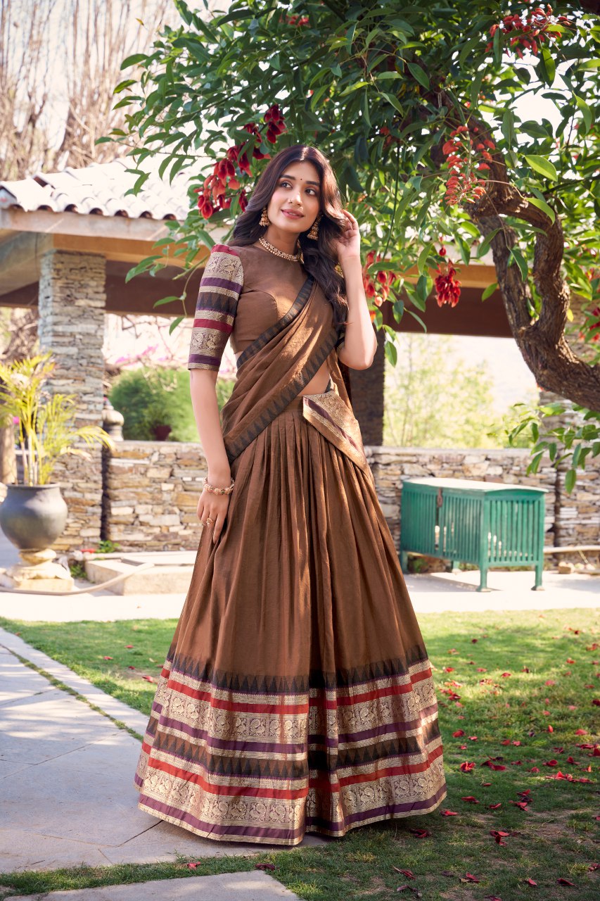 Brown Pure Chanderi Lehenga Choli with Zari Weaving Work & Dupatta