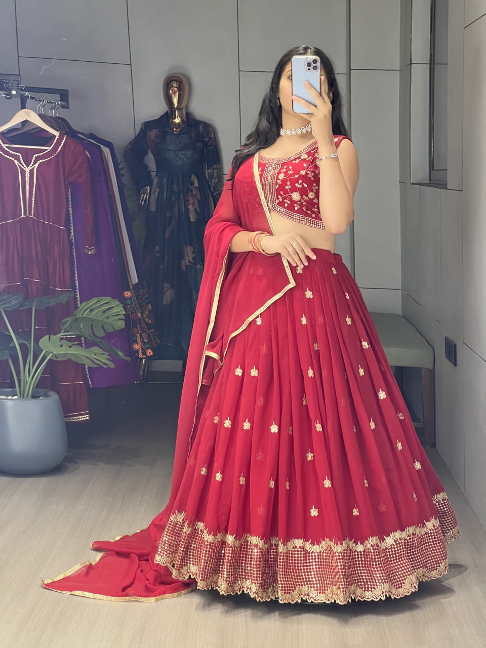 Yami Maroon Color Georgette Embroidered Lehenga Choli with Dupatta