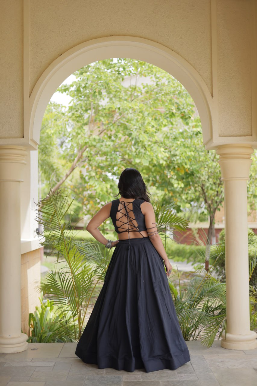 Ekta Black Cora Cotton Gamthi Embroidered Lehenga Choli