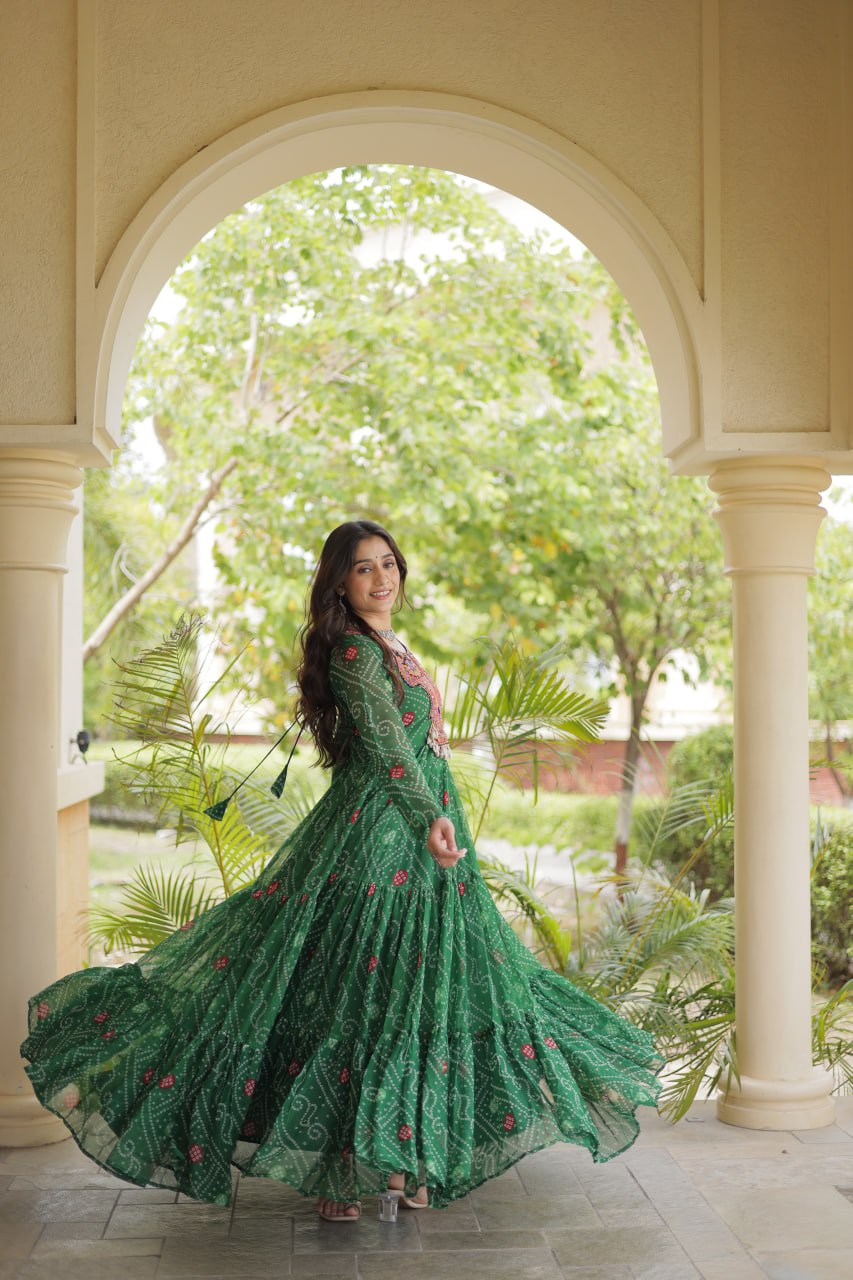 Ira Green Faux Georgette Bandhani Kutchi Patchwork Gown