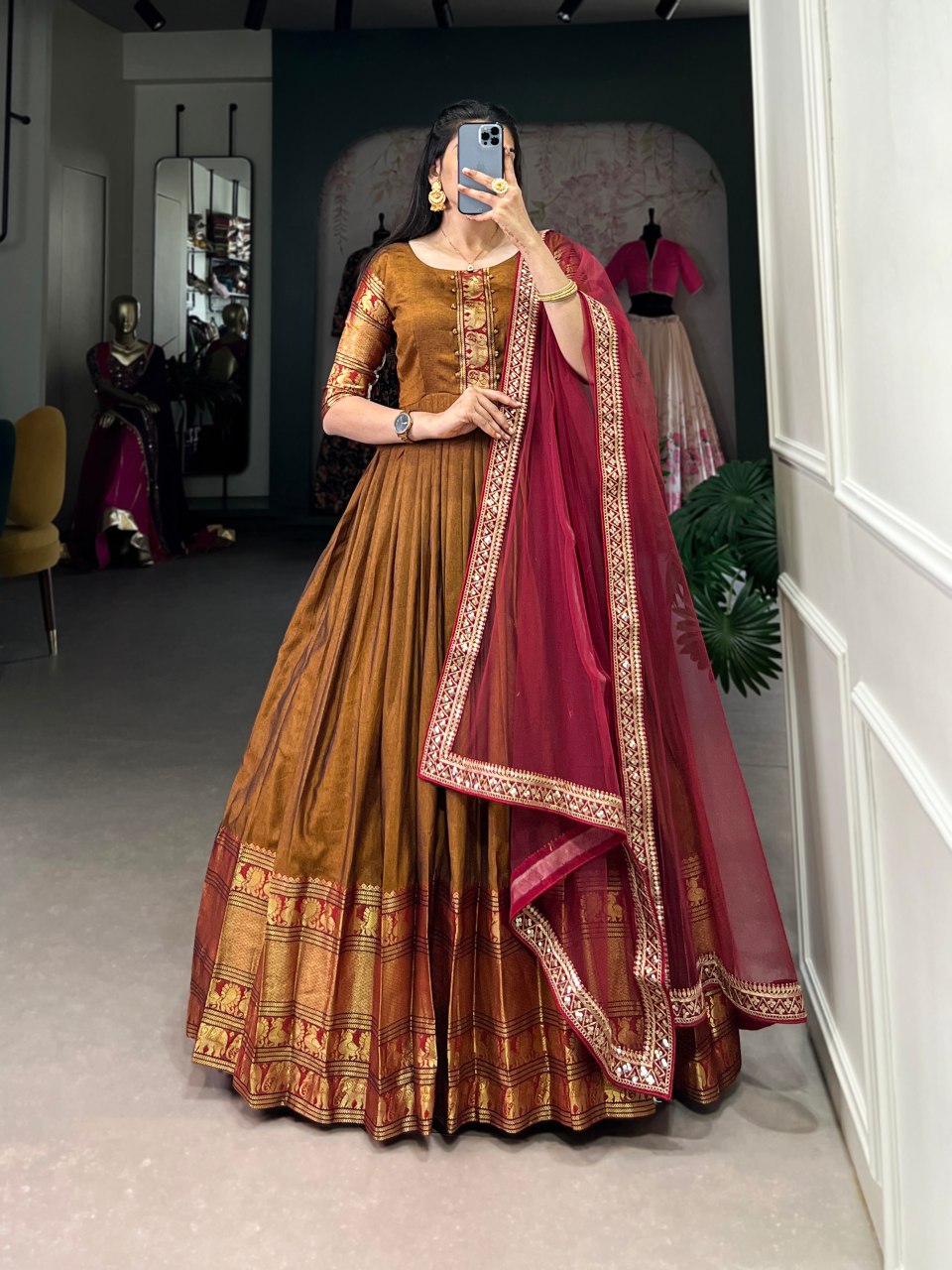 Rust brown cotton Anarkali gown with dupatta, Zari woven ethnic dress, stitched festive gown for women, lightweight party wear, Trinaari premium wear.