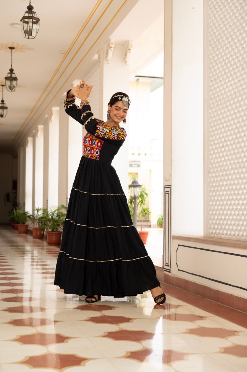 Black Kora Cotton Kutchi Gamthi Mirror Work and Kodi Lace Gown