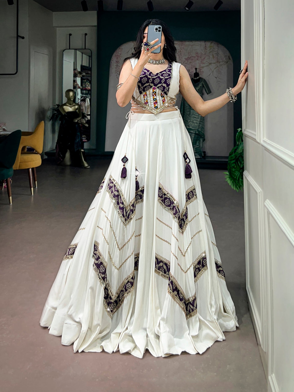 Ishani White Rayon Heritage Print Gamthi Mirror Lehenga