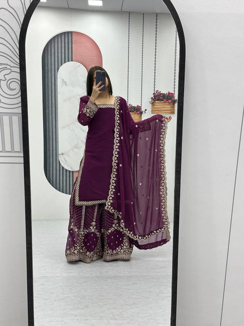 Aroa purple fox georgette kurti palazzo set with embroidery sequence work