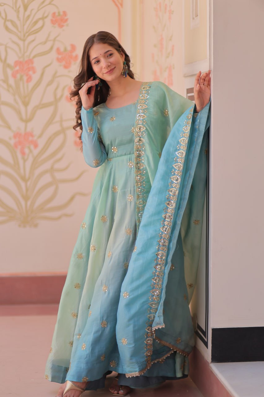 Sky blue organza flair sequins zari embroidery gown with dupatta