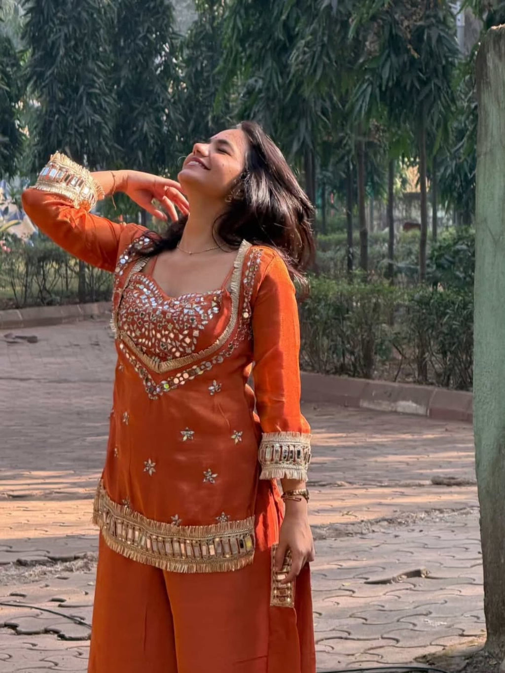 Suhani Orange Fendy Silk Real Mirror Work with Lace Border Kurti Sharara Set