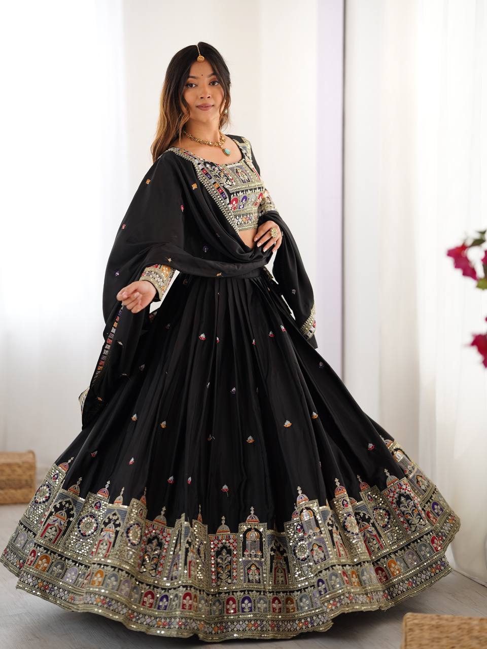 Kavyani Black Natural Crepe Silk Lehenga Choli Set – semi-stitched lehenga with 3-meter flare, canvas patta, cancan, and heavy embroidery in coding dori, thread, and sequins; paired with embroidered dupatta and unstitched matching choli – perfect for weddings, receptions, Diwali, and festive occasions.