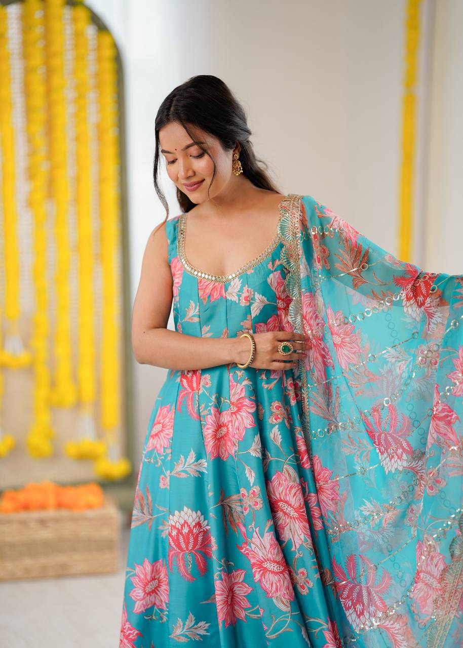 Sky Blue Pure Muslin Floral Print Anarkali Suit Set with Organza Dupatta