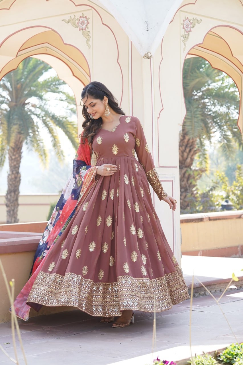 Padmini georgette brown embroidery anarkali gown set