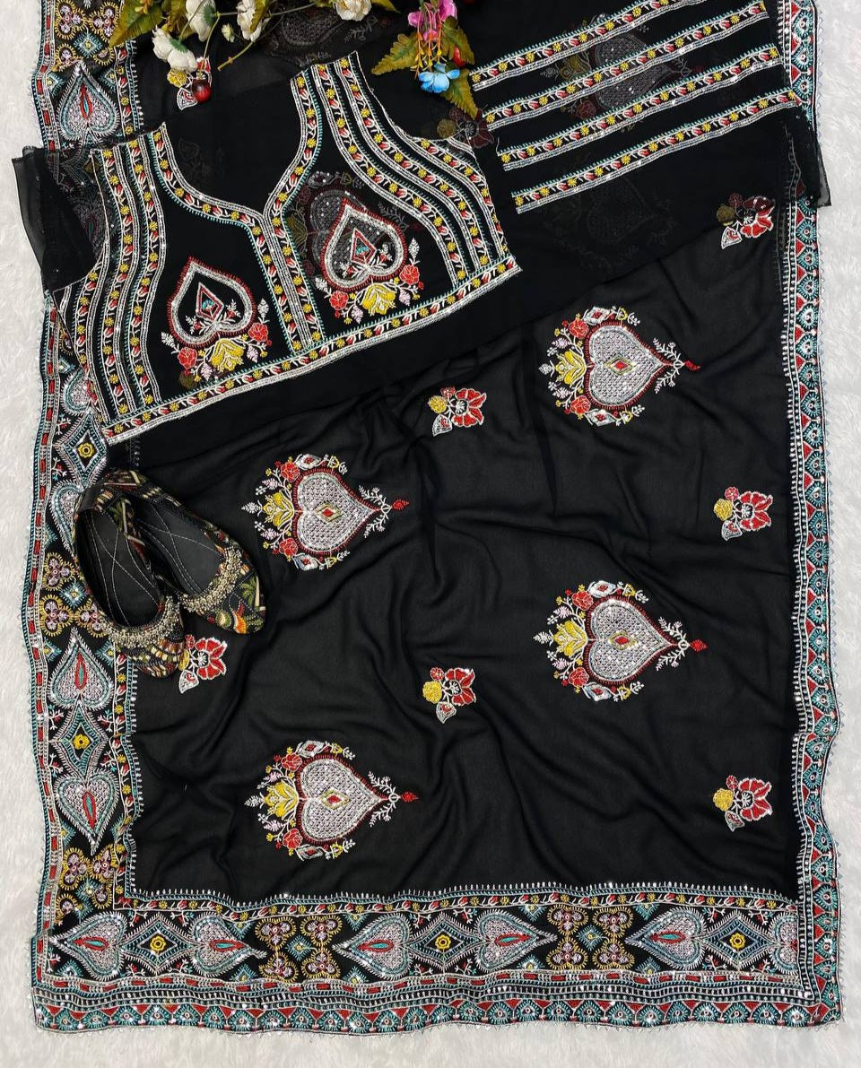 Tejasswi Prakash Black Georgette Embroidered Saree