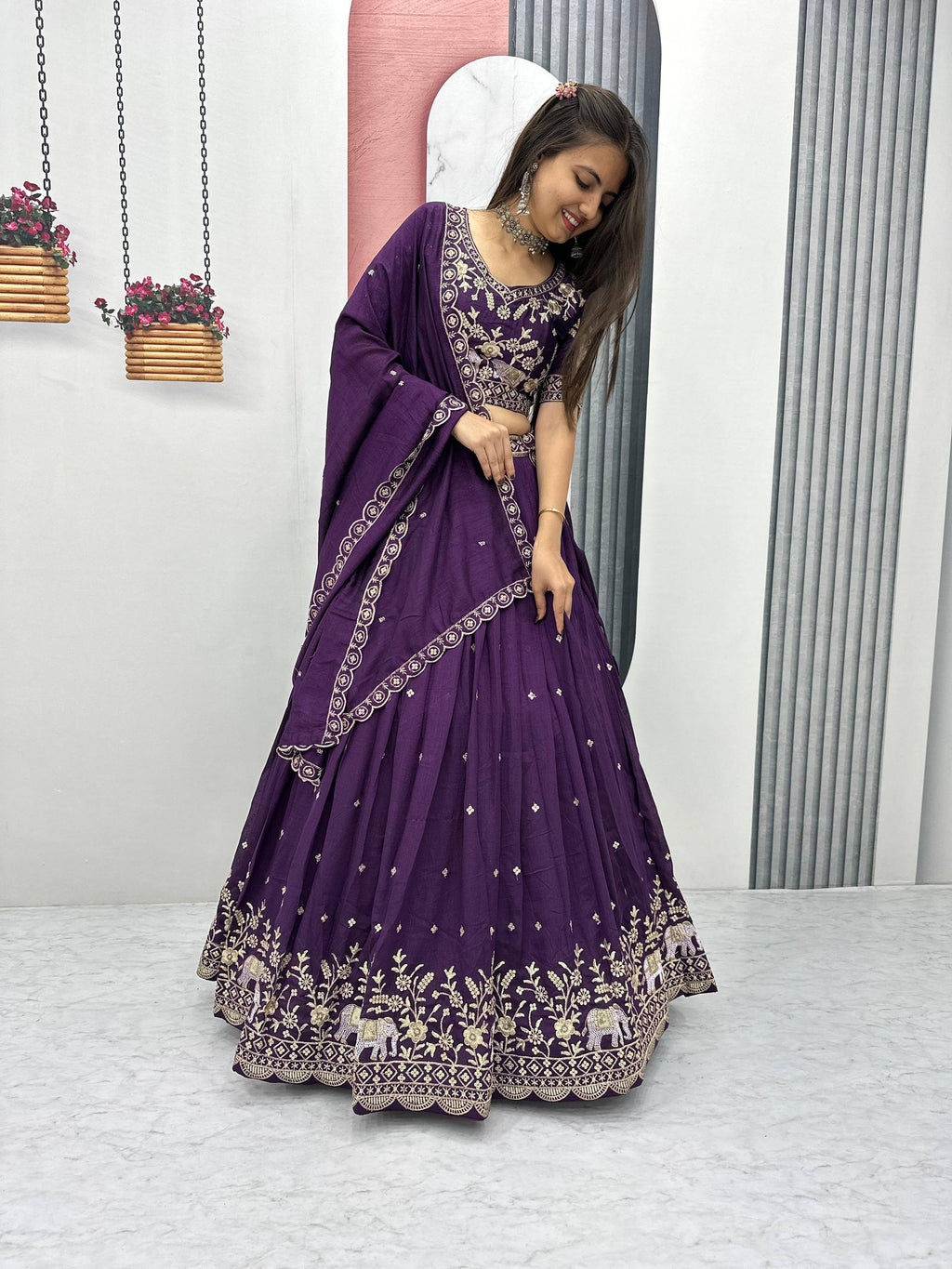 Gopi Deep Purple Color Vichitra Silk Embroidery Sequins Thread Work Lehenga Choli
