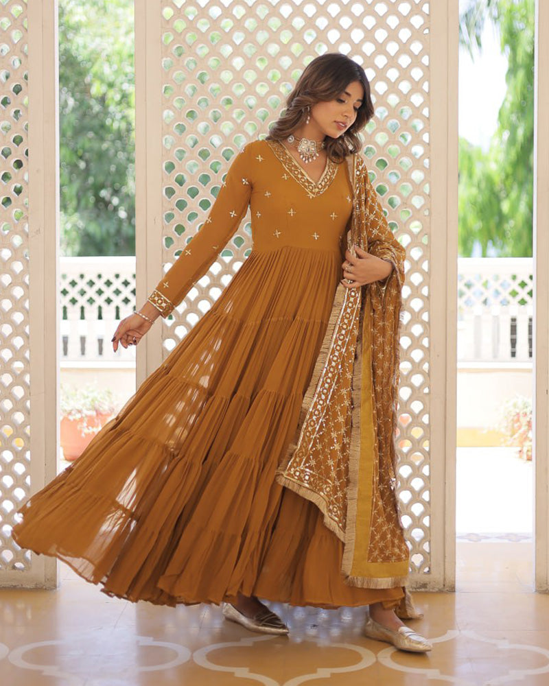 Ridhika mustard yellow georgette anarkali gown suit set
