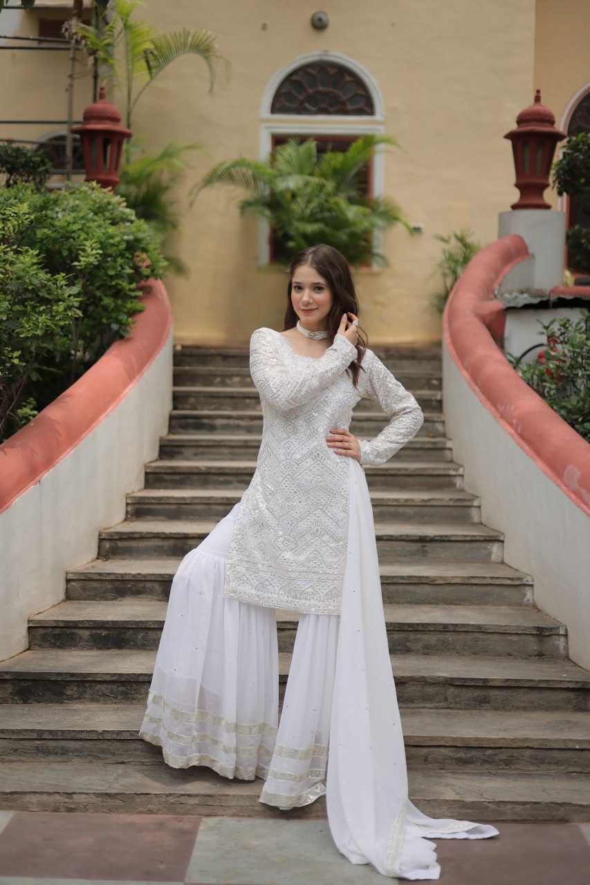 Lavya White Georgette Embroidered Kurti Sharara Set