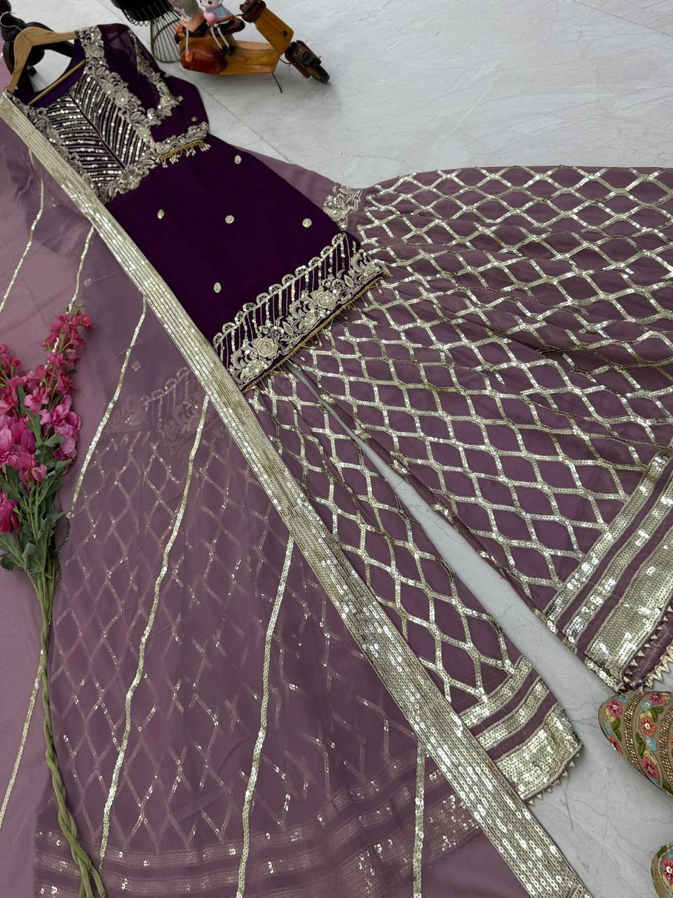 Purple fox georgette embroidered heavy sequence work kurti palazzo set