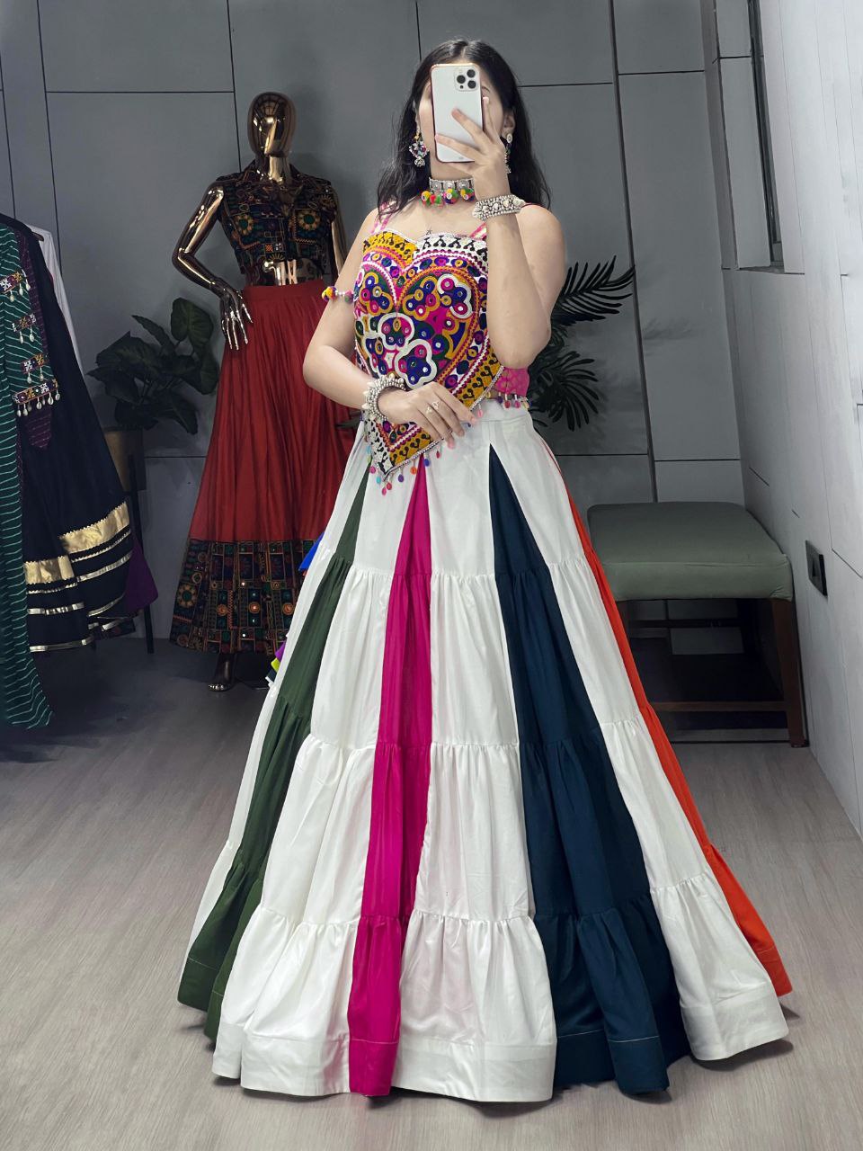 Multicolor Rayon Cotton Frill Kutchi Mirror Work Lehenga with Blouse