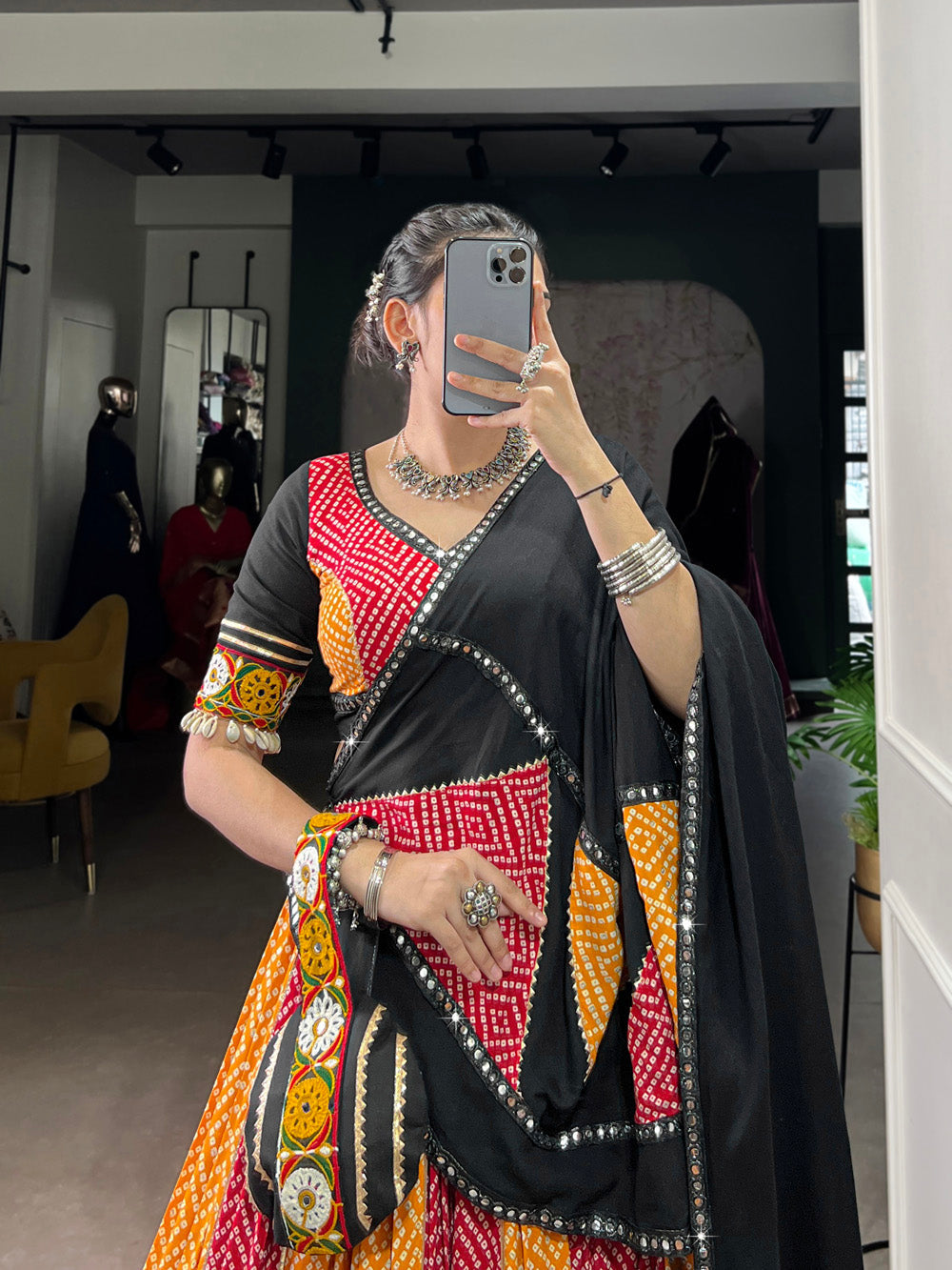 Black-Yellow Pure Rayon Bandhej Ajrakh Gamthi Mirror Work Lehenga Choli