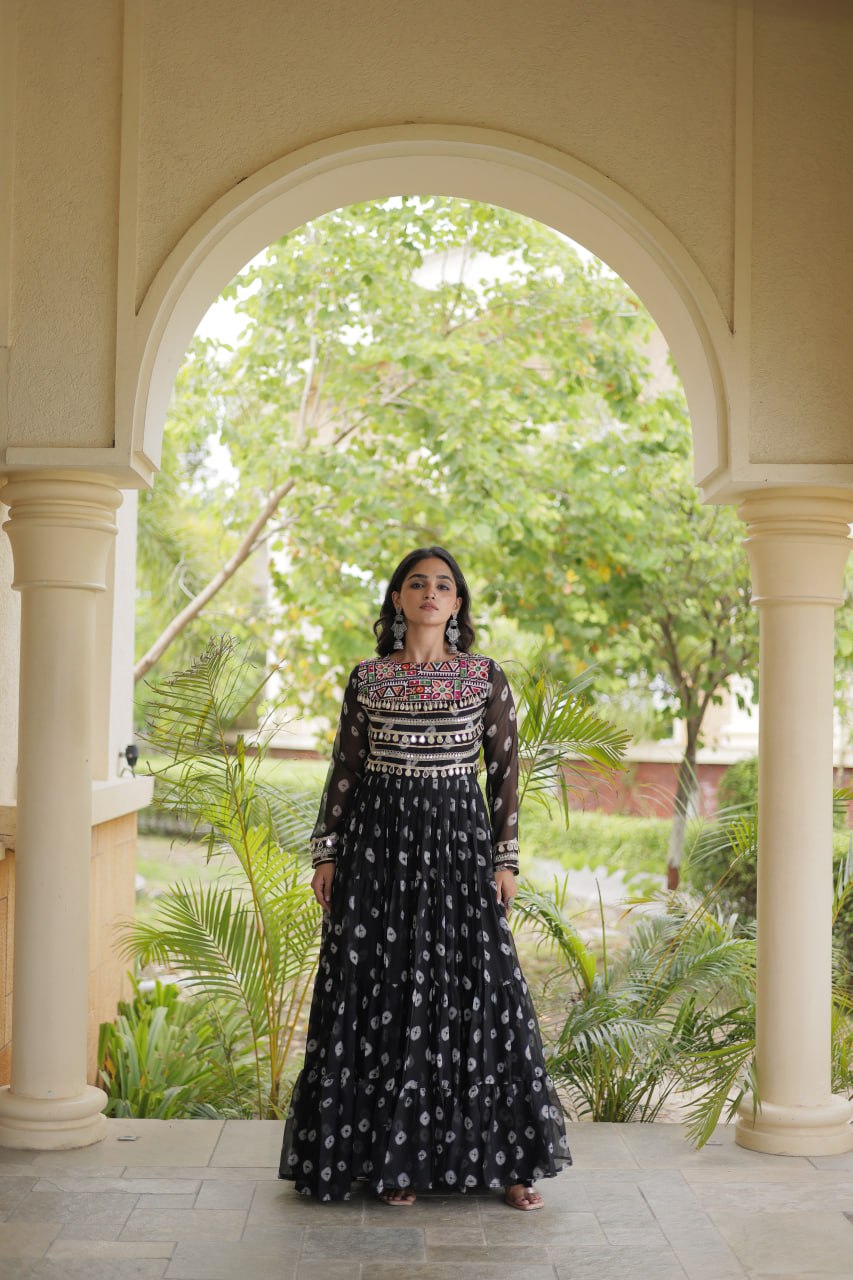 Lavanya Black Faux Georgette Bandhani Kutchi Patchwork Gown